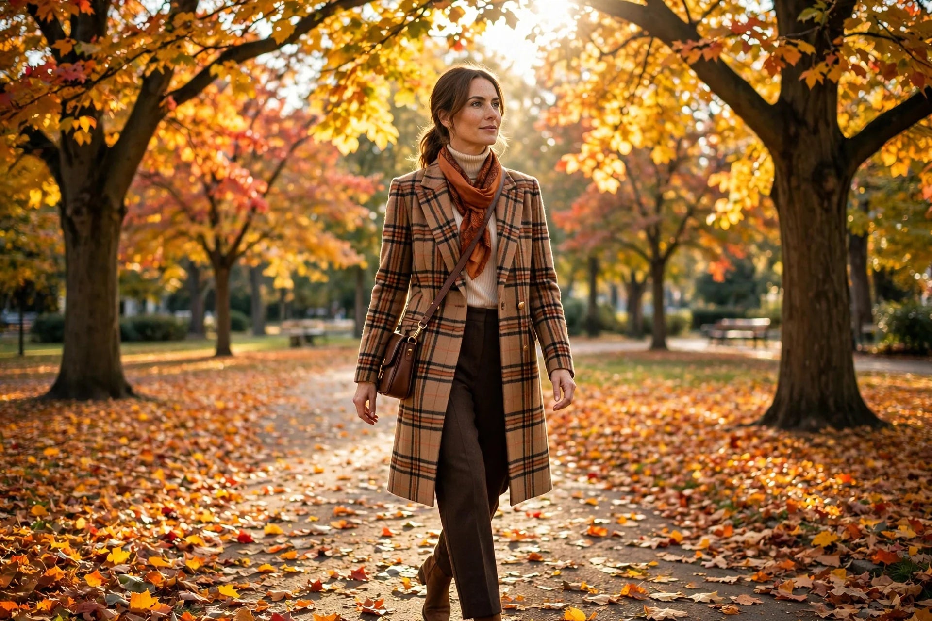 women walking through the trees during the fall wearing fall clothing with colored leaves around her