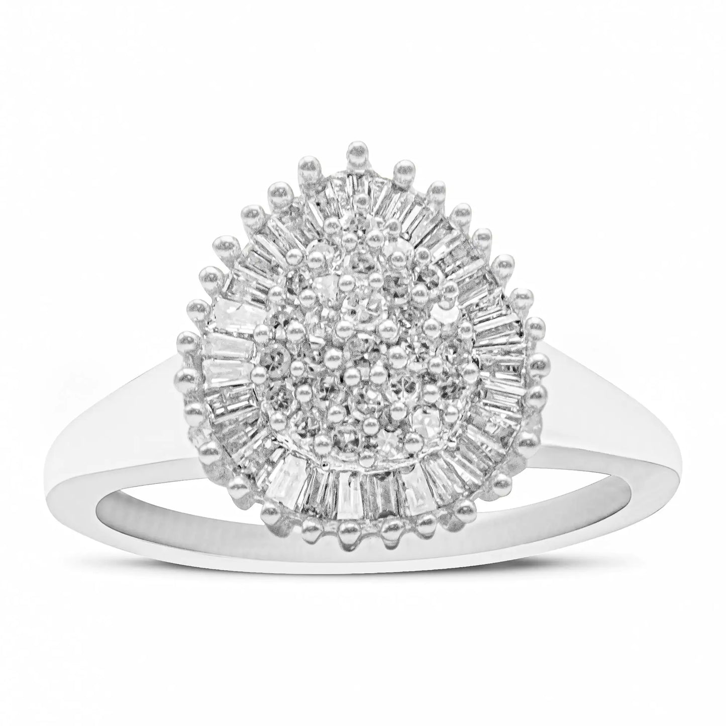 10K White Gold 1/2 Cttw Round & Baguette Cut Diamond Pear Shaped Domed Pavé Cluster with Halo Cocktail Ring (H-I Color, SI1-SI2 Clarity)