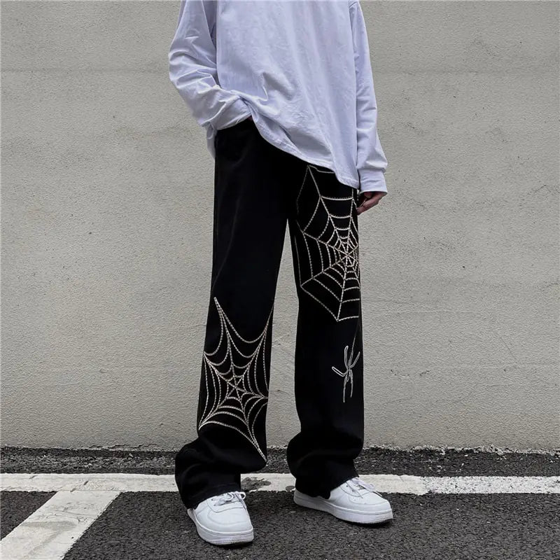 Men's Black Streetwear Spider Web Pants