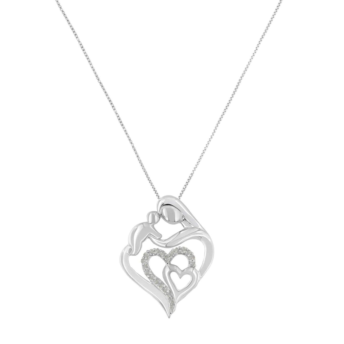 .925 Sterling Silver 1/10 cttw Diamond Mother with Child Heart Shape Pendant Necklace (I-J, I3 Promo)