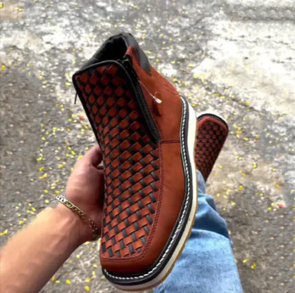 Retro Western Cowboy Boots with Side Zipper – Handwoven European-American Style