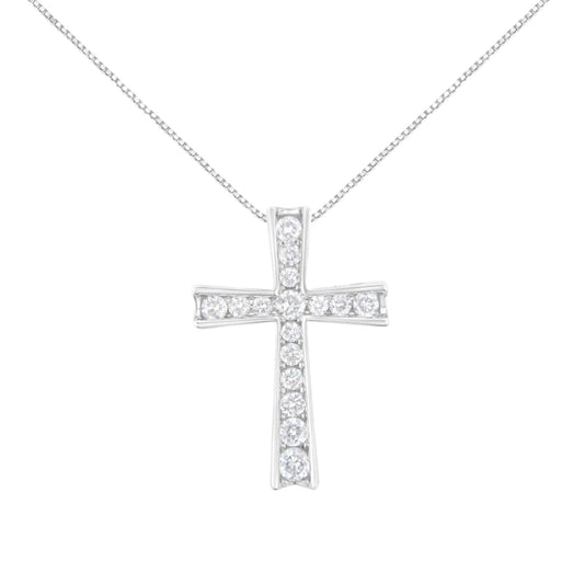 .925 Sterling Silver 1/2 Cttw Prong-Set Round-Cut Diamond Inlay Style Cross 18" Pendant Necklace (I-J Color, I2-I3 Clarity)