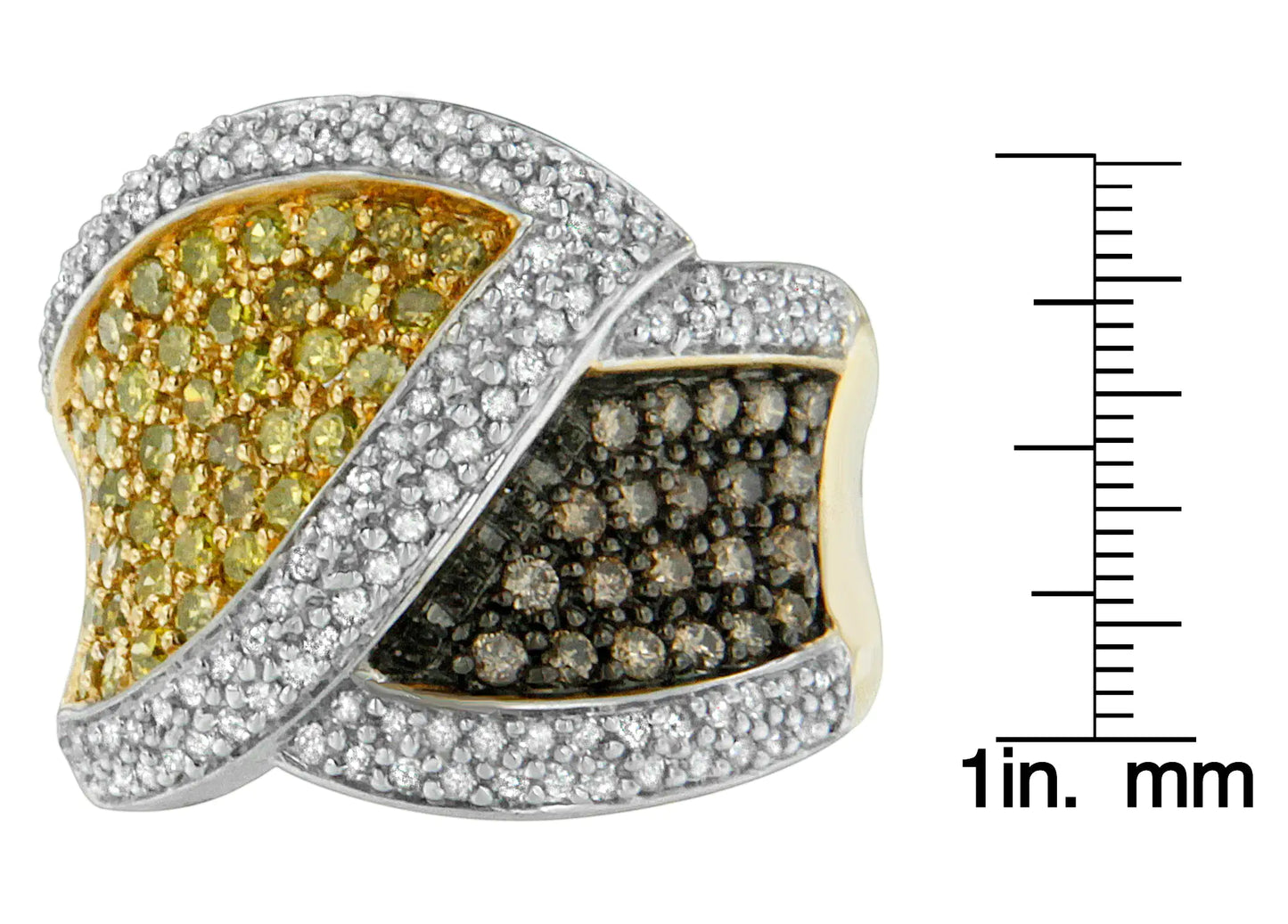 14K Yellow Gold Yellow, White, and Champagne Round-Cut Diamond Cross-over Ring (1 1/2 cttw, H-I Color, I1-I2 Clarity)