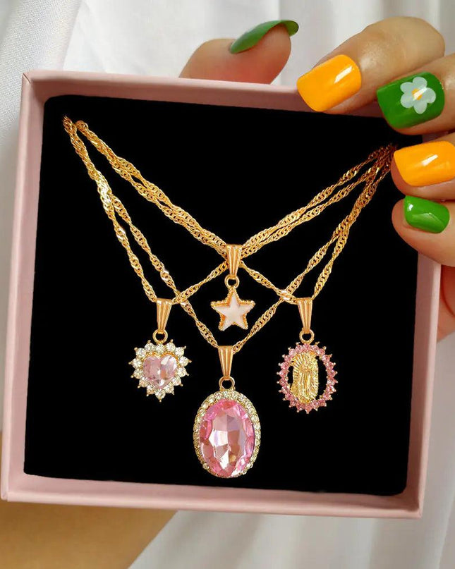 Multi-layer Pink Heart Crystal Pendant Necklaces