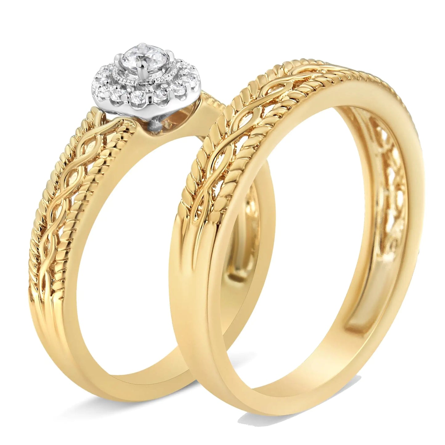 14K Yellow Gold Plated .925 Sterling Silver 1/5 Cttw Diamond Halo Engagement Ring and Wedding Band Set (I-J Color, I3 Clarity)