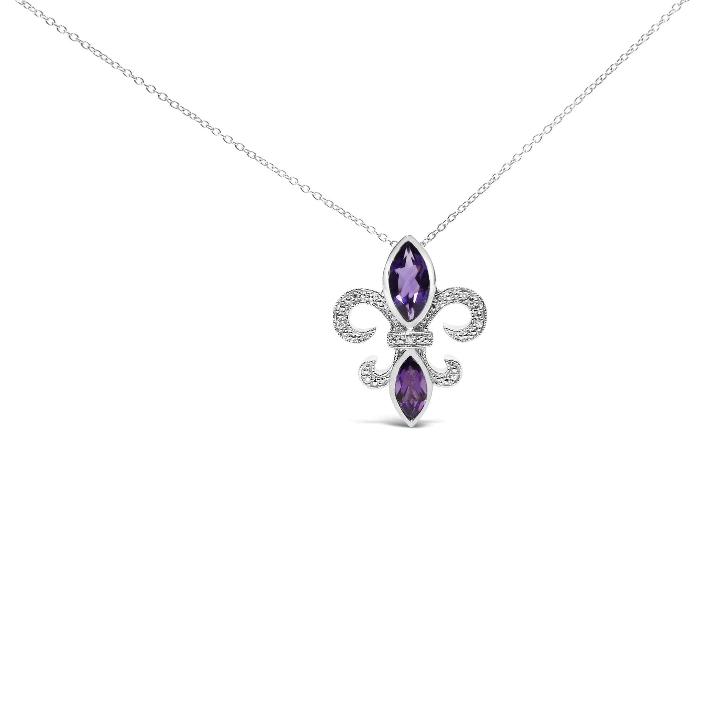 .925 Sterling Silver Purple Amethyst Marquise and Diamond Accent Fleur De Lis Pendant Necklace (H-I Color, SI1-SI2 Clarity) - Size 18"