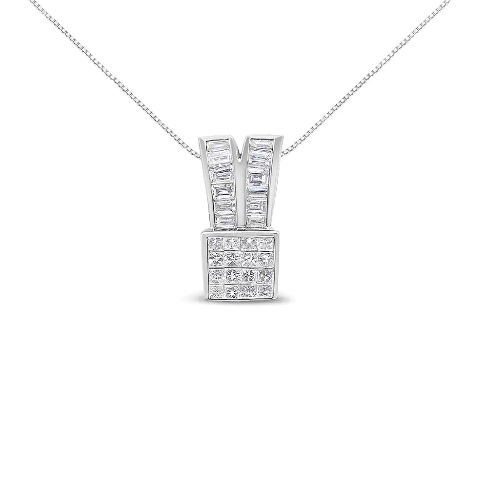 14K White Gold 1 5/8 cttw Princess and Baguette Cut Diamond Heart Ribbon Pendant Necklace (G-H, VS1-VS2)