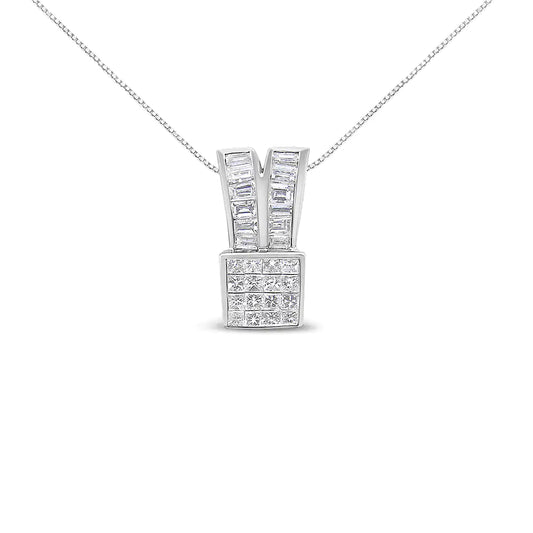 14K White Gold 1 5/8 cttw Princess and Baguette Cut Diamond Heart Ribbon Pendant Necklace (G-H, VS1-VS2)