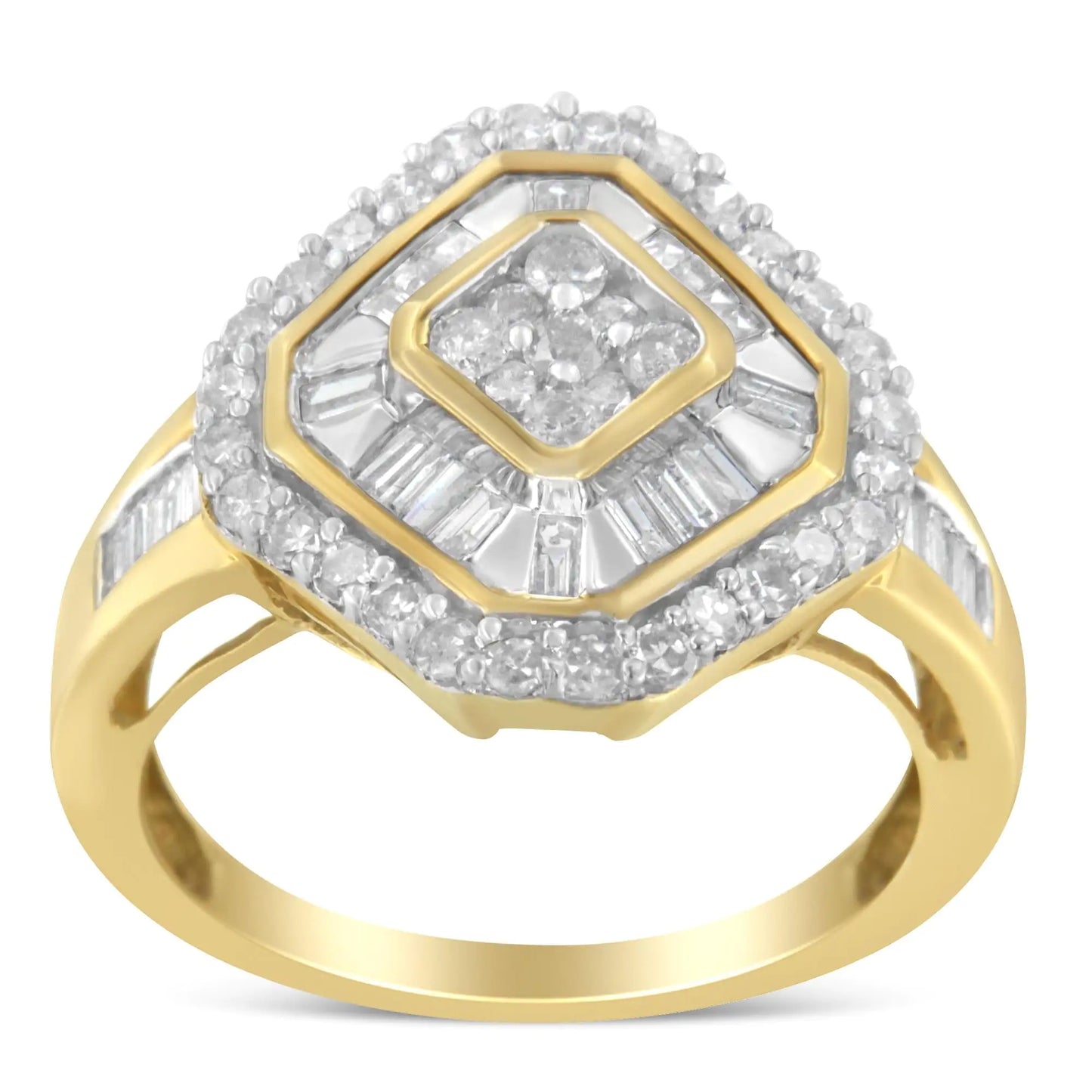 10K Yellow Gold Round and Baguette-Cut Diamond Cocktail Ring (1.0 Cttw, I-J Color, I1-I2 Clarity)