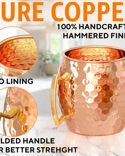 Moscow Mule Copper Mugs - Set of 4 - 100% HANDCRAFTED - Food Safe Pure Solid Copper Mugs - 16 oz Gift Set with BONUS: Highest Quality Cocktail Copper