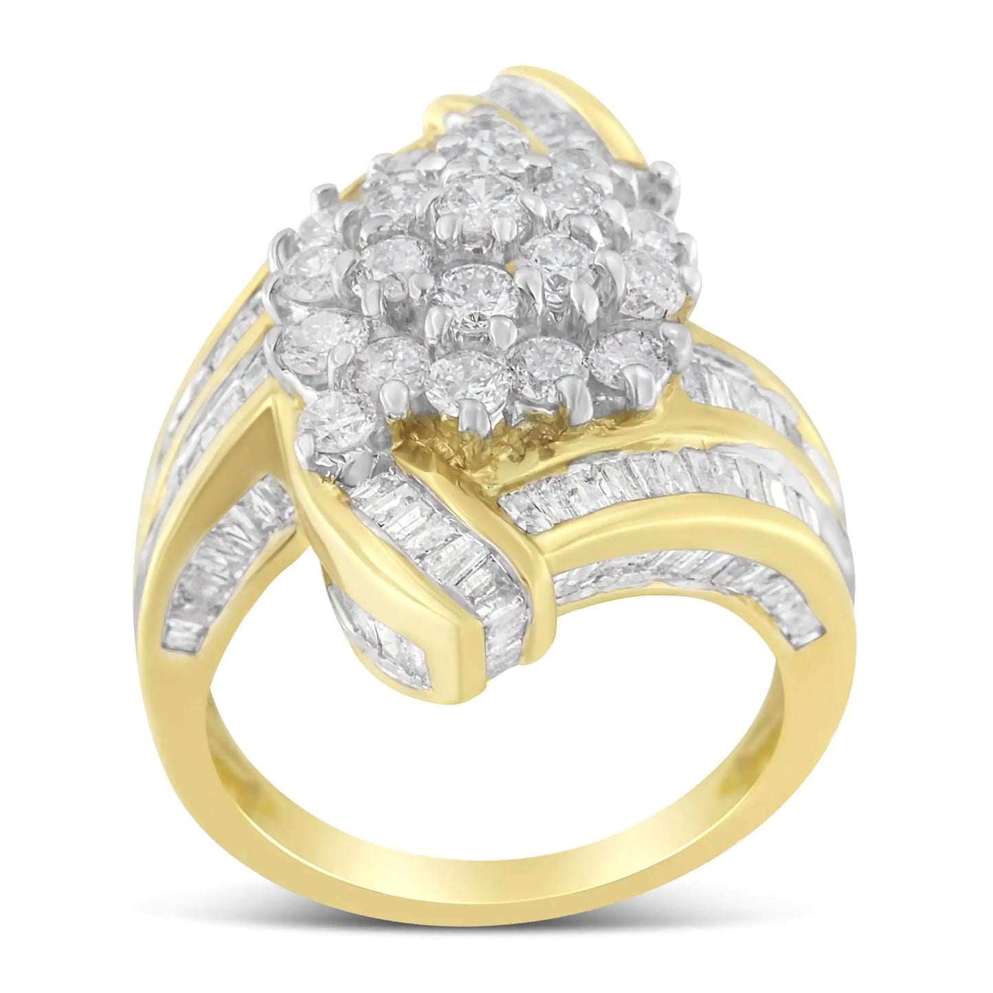 10K Yellow Gold Round and Baguette Diamond Crossover Cluster Ring (3 Cttw, I-J Color, I1-I2 Clarity)