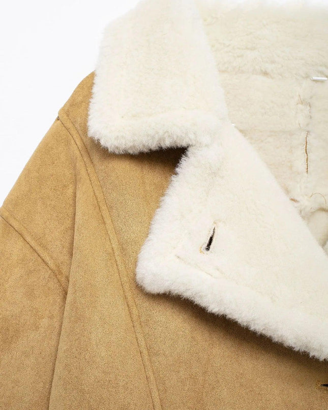 Fashion Loose And Warm Vintage Lamb Wool Khaki Coat