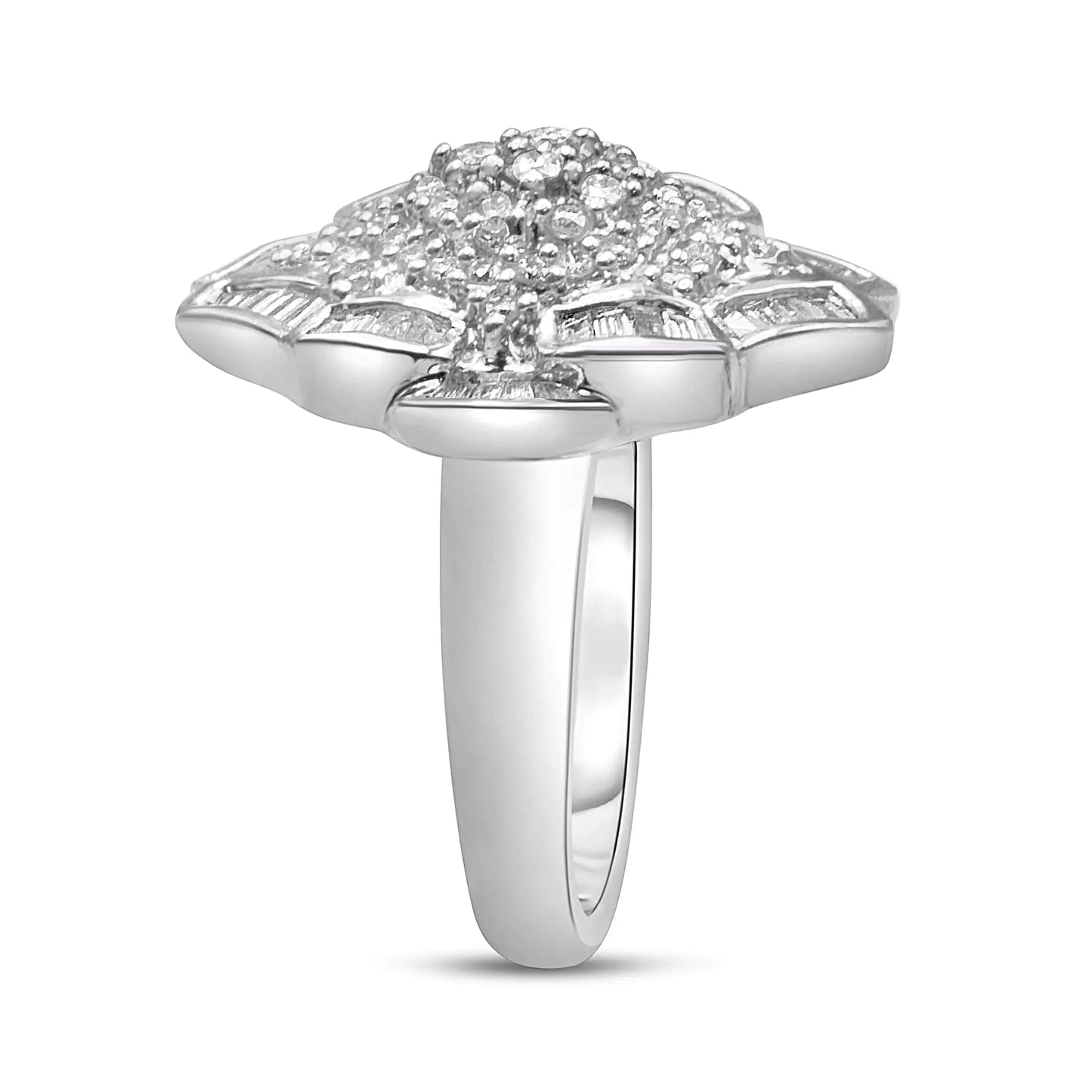 14K White Gold 7/8 Cttw Round and Baguette-Cut Diamond Cluster Ring (H-I Color, SI2-I1 Clarity)