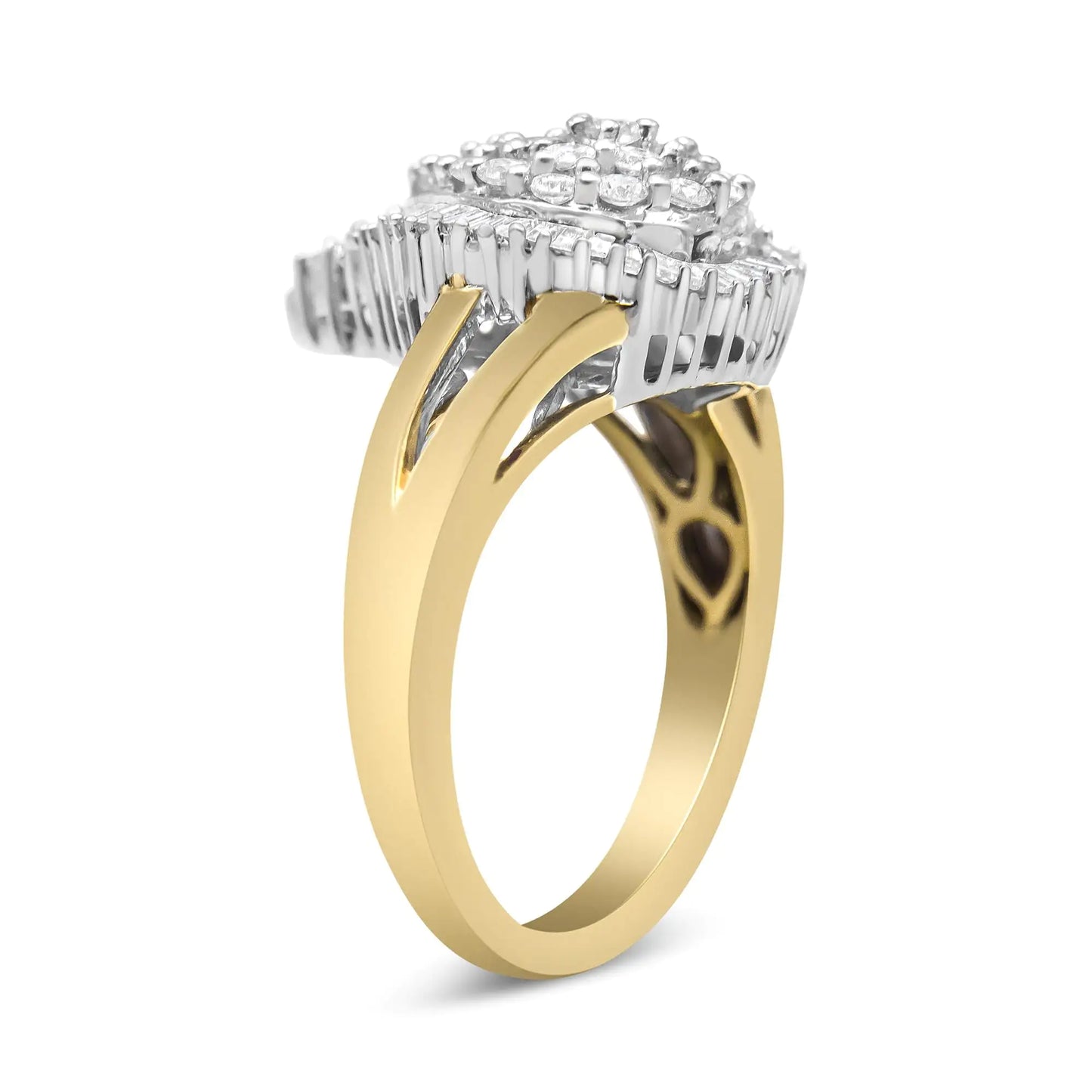 14K Yellow and White Gold 1.00 Cttw Round and Baguette-Cut Diamond Ballerina Cocktail Ring (H-I Color, SI2-I1 Clarity)