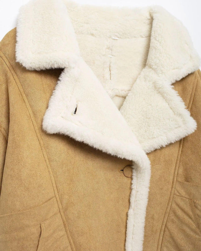 Fashion Loose And Warm Vintage Lamb Wool Khaki Coat