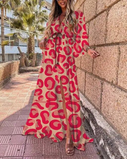 V-Neck Slit Leg Lace Dress