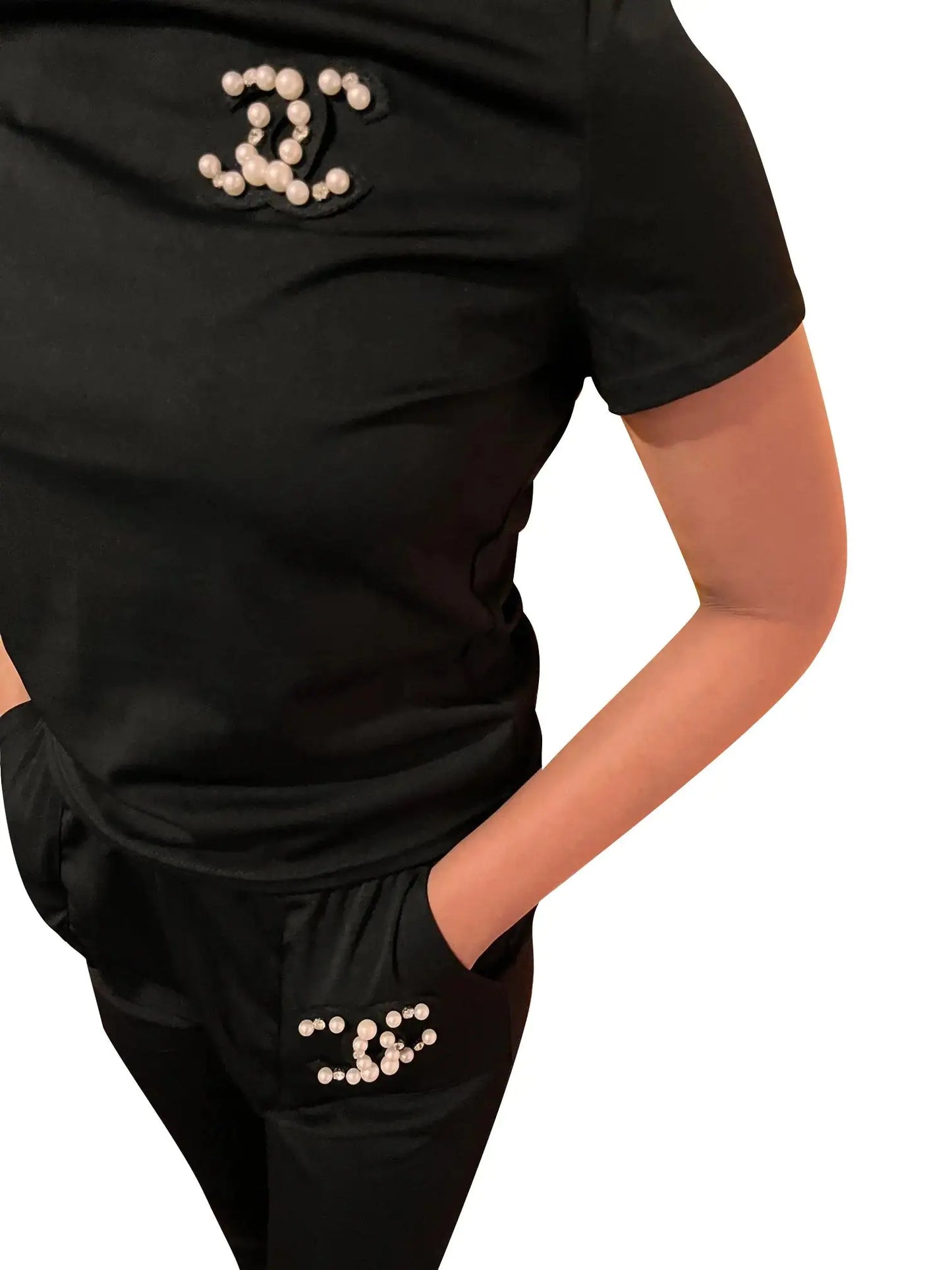 Two Pieces Design Short Sleeve & Long Pants Pullover Tracksuit With Side Pockets