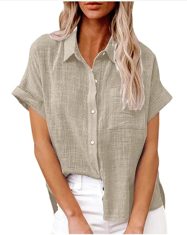 Women's Casual Cotton Linen Short-Sleeve Shirt with Pockets