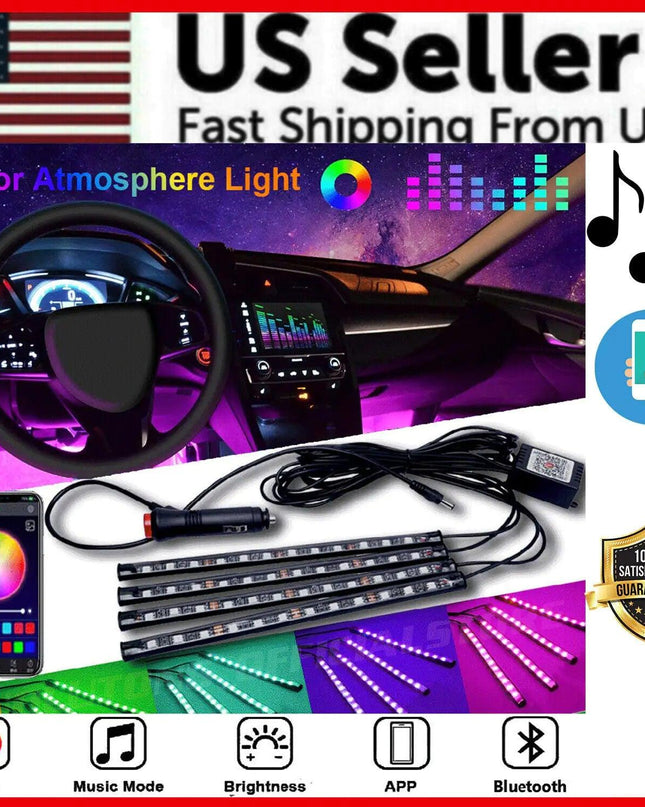 4X 48LED RGB Car Interior Atmosphere Light Strip Bar Bluetooth APP Music Control