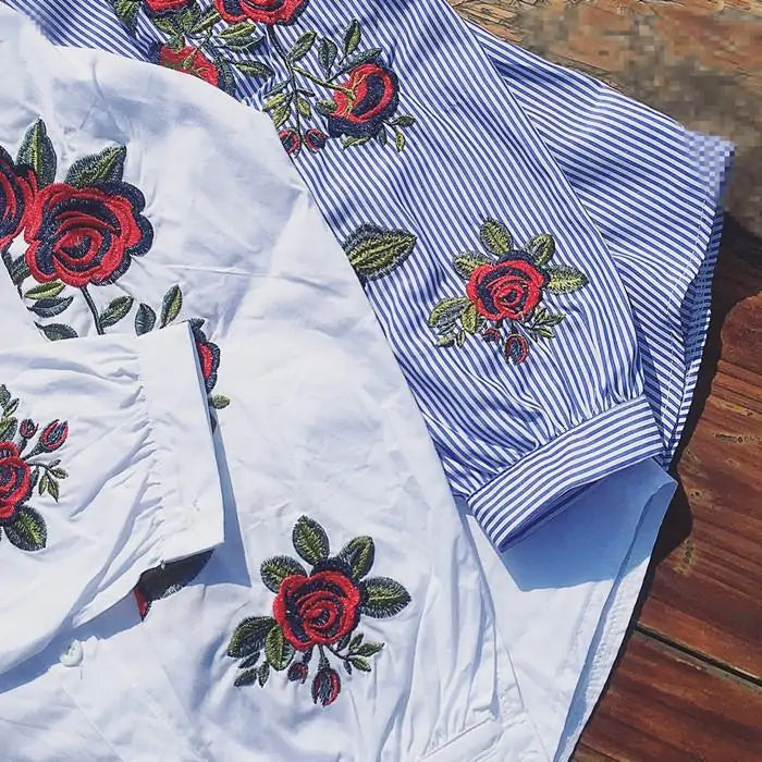 Stripe Embroidered Rose Shirt