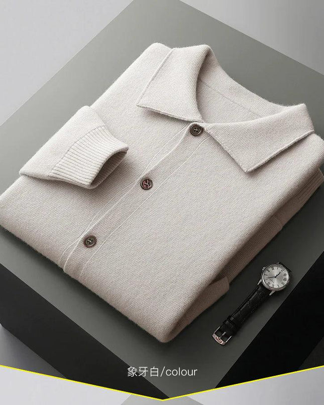 Men's Polo Collar Solid Color Wool Cardigan
