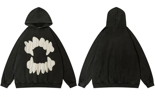 Ripped Embroidery Teeth Patch Hooded Streetwear