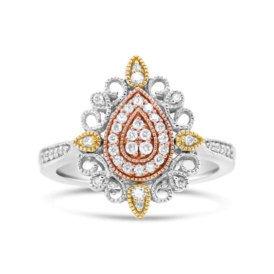 14K Tri Gold 1/4 Cttw Diamond Art Deco Style Halo Cocktail Ring (H-I Color, VS1-VS2 Clarity)