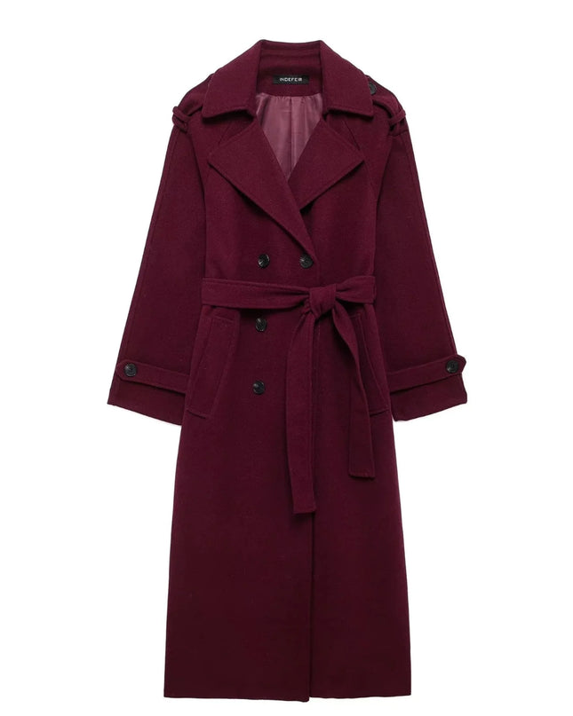 Elegant Bordeaux Lapel Mix Maxi Overcoat