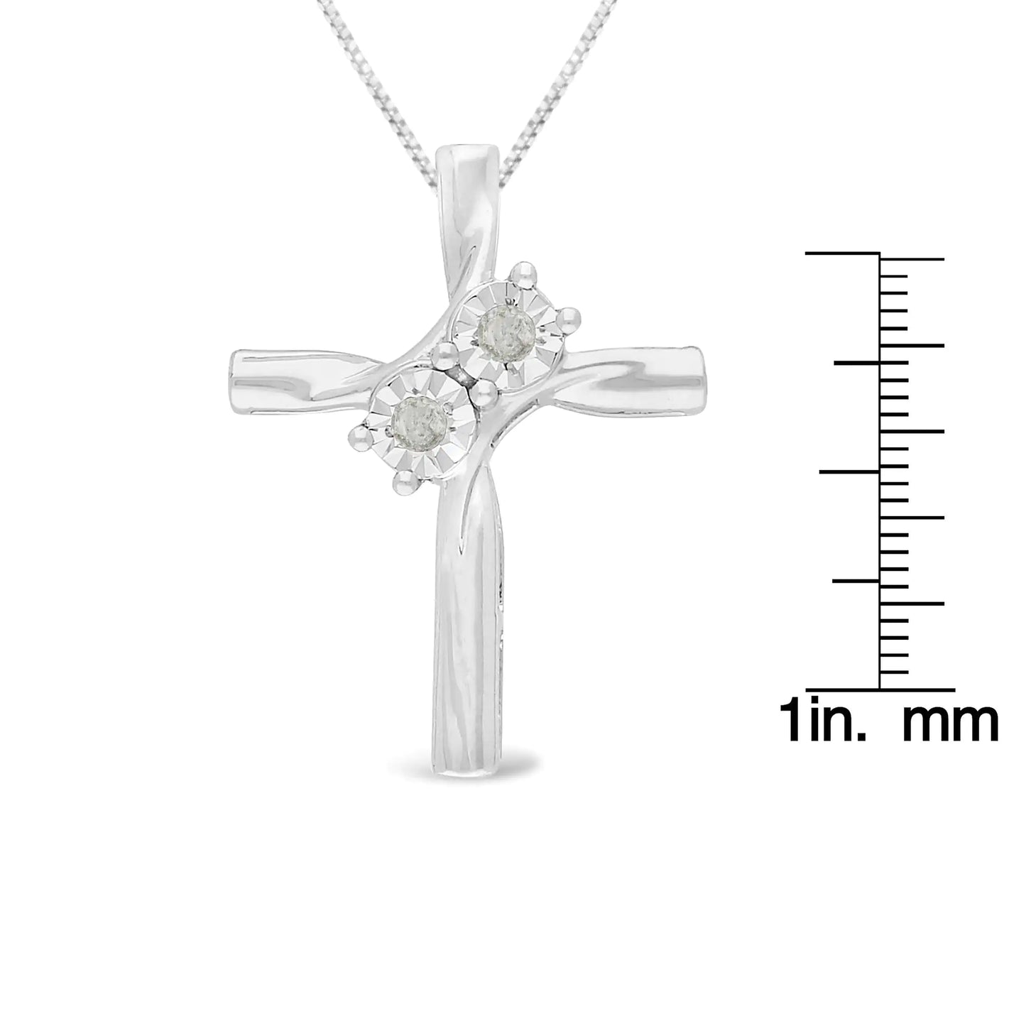 .925 Sterling Silver 1/10 Cttw Diamond Miracle-Set 2 Stone 'Together Forever' Curved Cross 18” Pendant Necklace (I-J Color, I2-I3 Clarity)