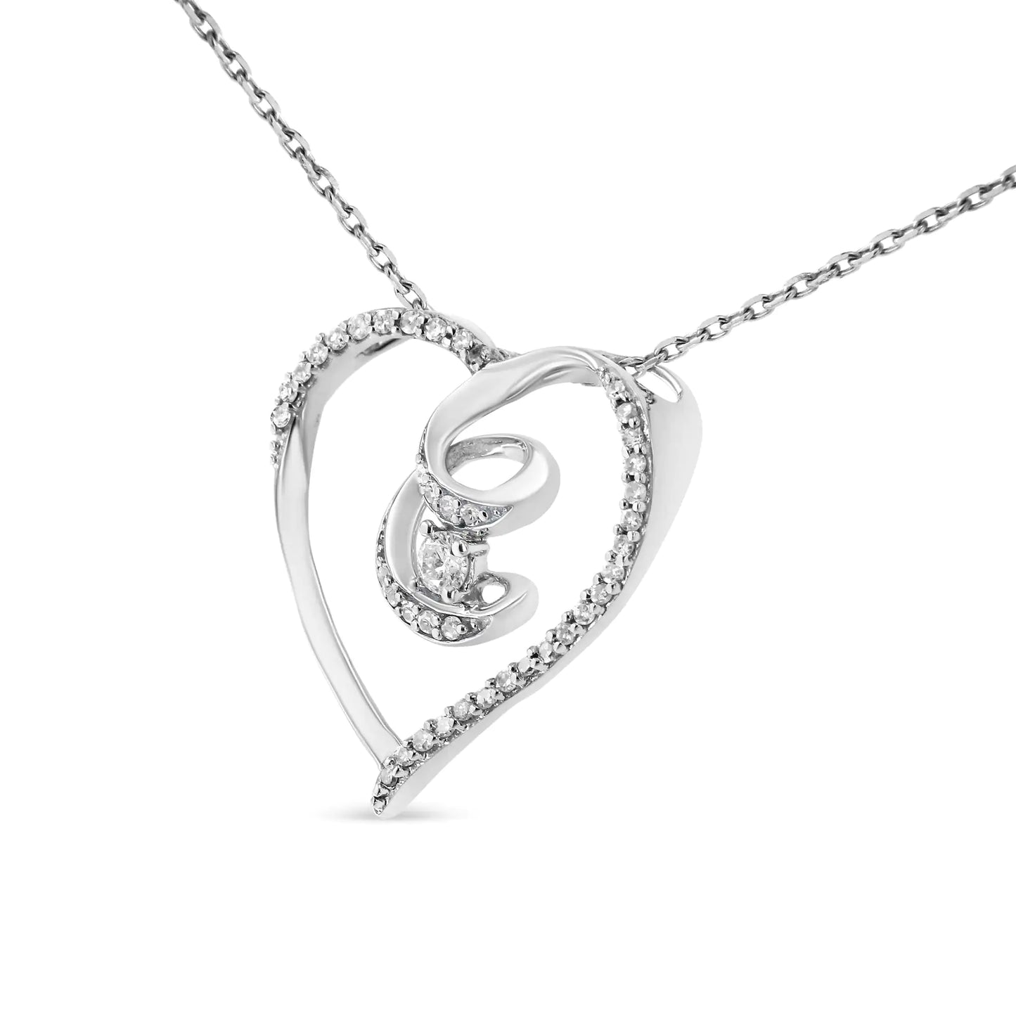 .925 Sterling Silver 1/4 Cttw Brilliant-Cut Diamond Open Heart Twisted Awareness Ribbon 18" Pendant Necklace (H-I Color, I1-I2 Clarity)