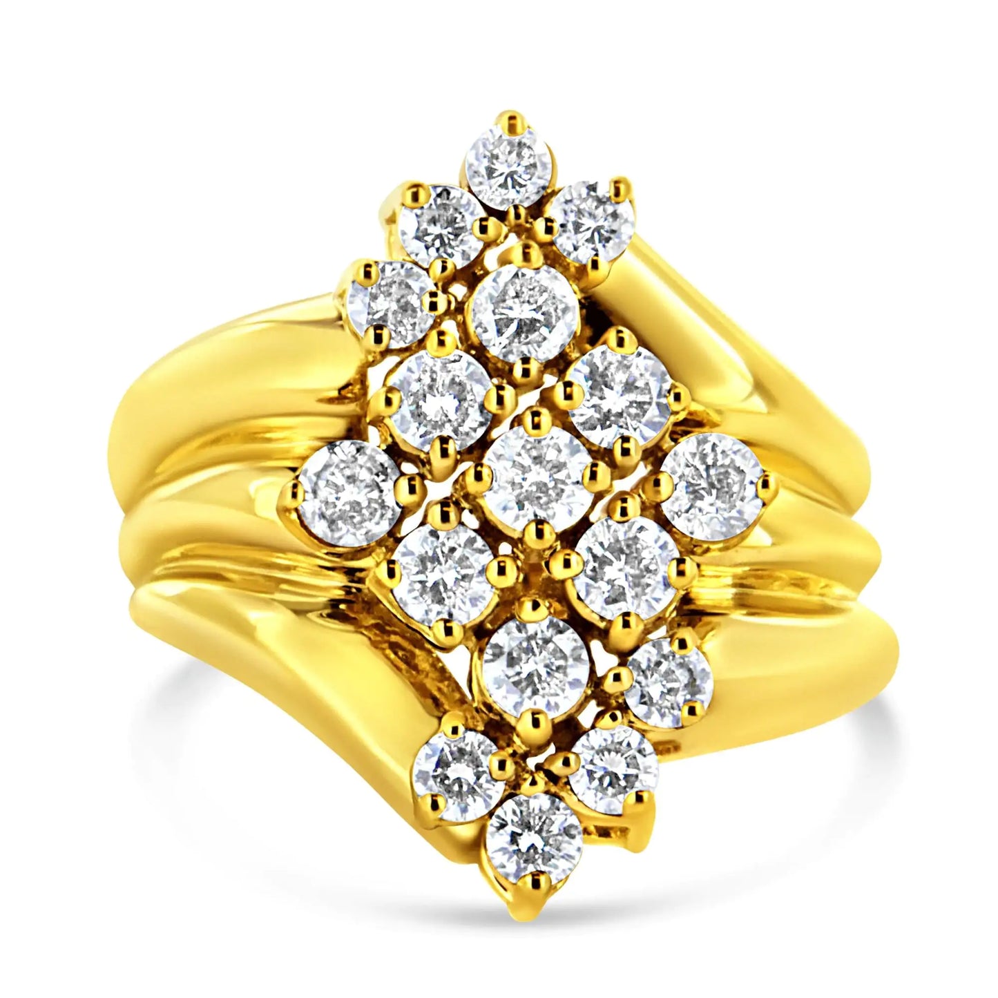 10K Yellow Gold 1 1/2 Cttw Diamond Cluster Tapered Shank Cocktail Ring Cocktail Ring (I-J Color, I1-I2 Clarity)