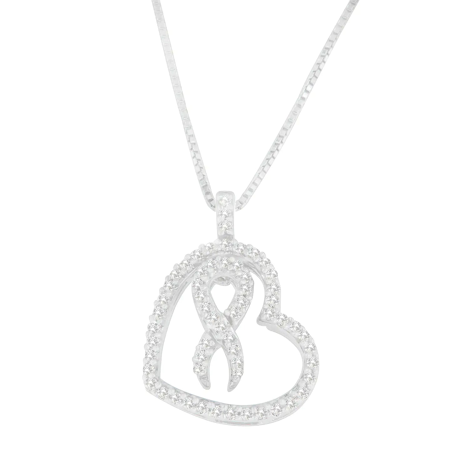 Sterling Silver Round Cut Diamond Heart and Ribbon Pendant Necklace (0.25 cttw, H-I Color, I1-I2 Clarity)