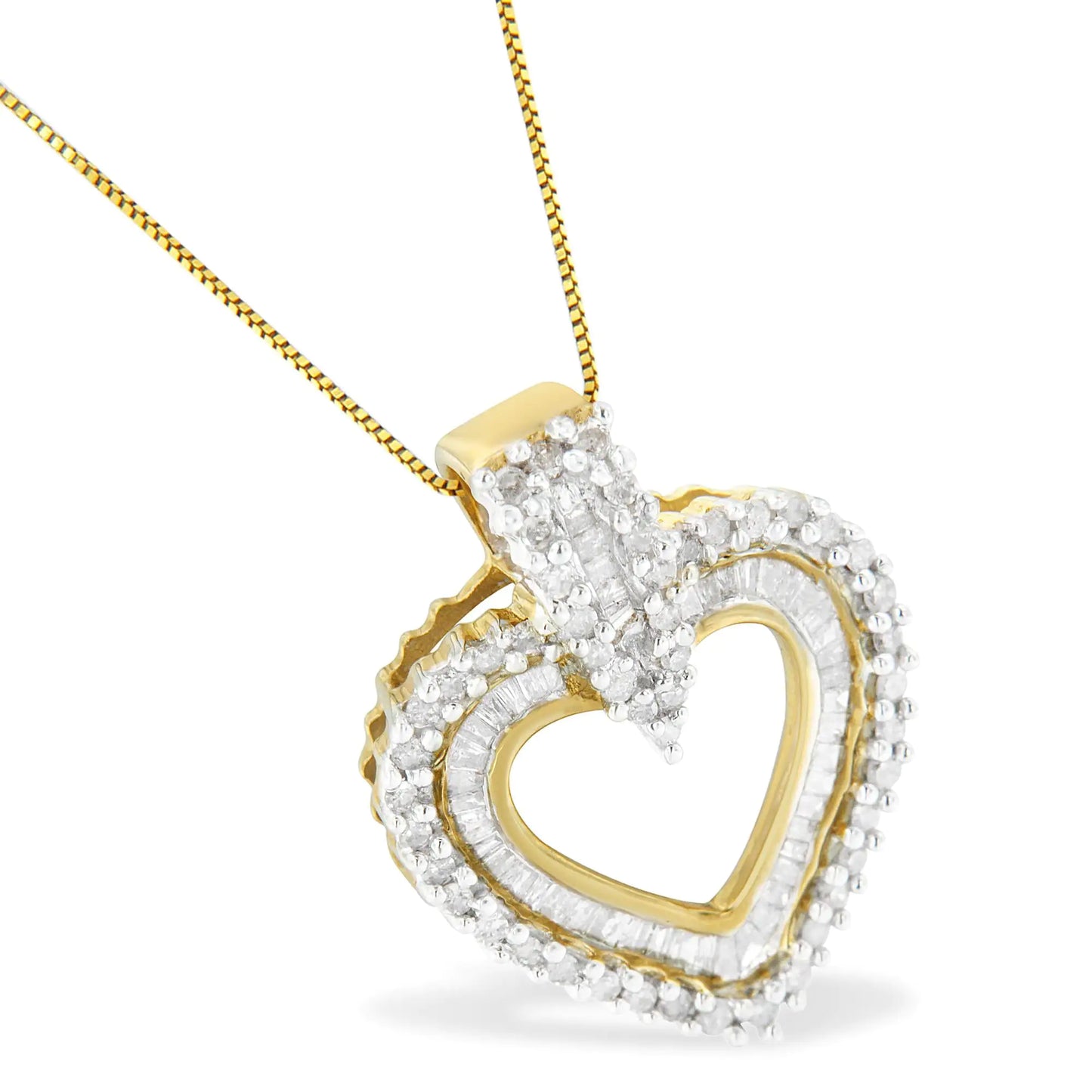 10K Yellow Gold Round and Baguette Cut Diamond Heart Shaped Pendant Necklace (1 cttw, H-I Color, I2-I3 Clarity)