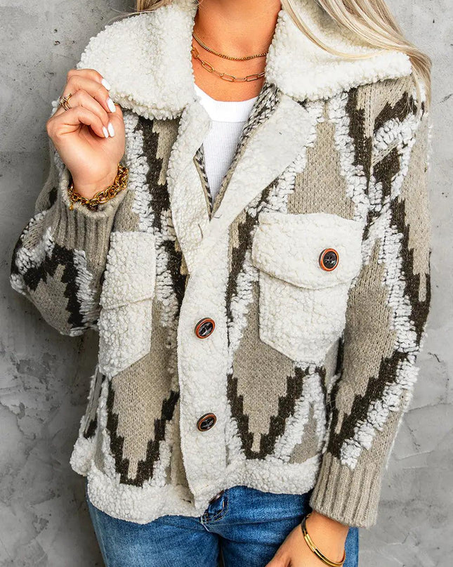 Multicolored Spliced Sherpa Collared Neck Cardigan