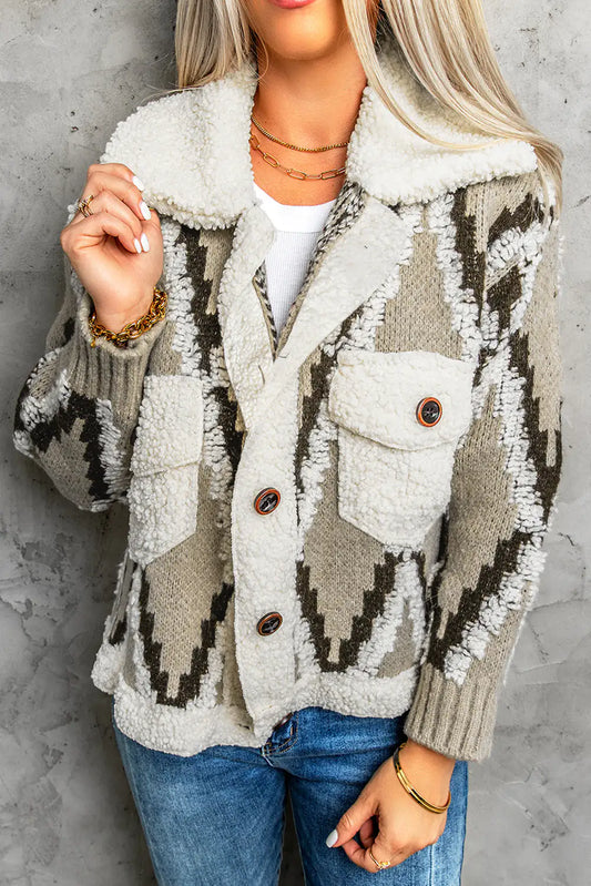 Multicolored Spliced Sherpa Collared Neck Cardigan