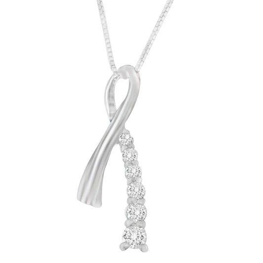 14K White Gold Princess Cut Diamond Ribbon Loop Pendant Necklace (0.25 cttw, H-I Color, I2-I3 Clarity)