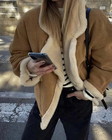 Fashion Loose And Warm Vintage Lamb Wool Khaki Coat