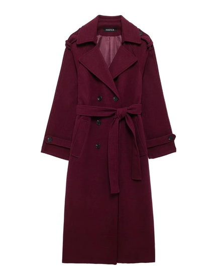 Elegant Bordeaux Lapel Mix Maxi Overcoat