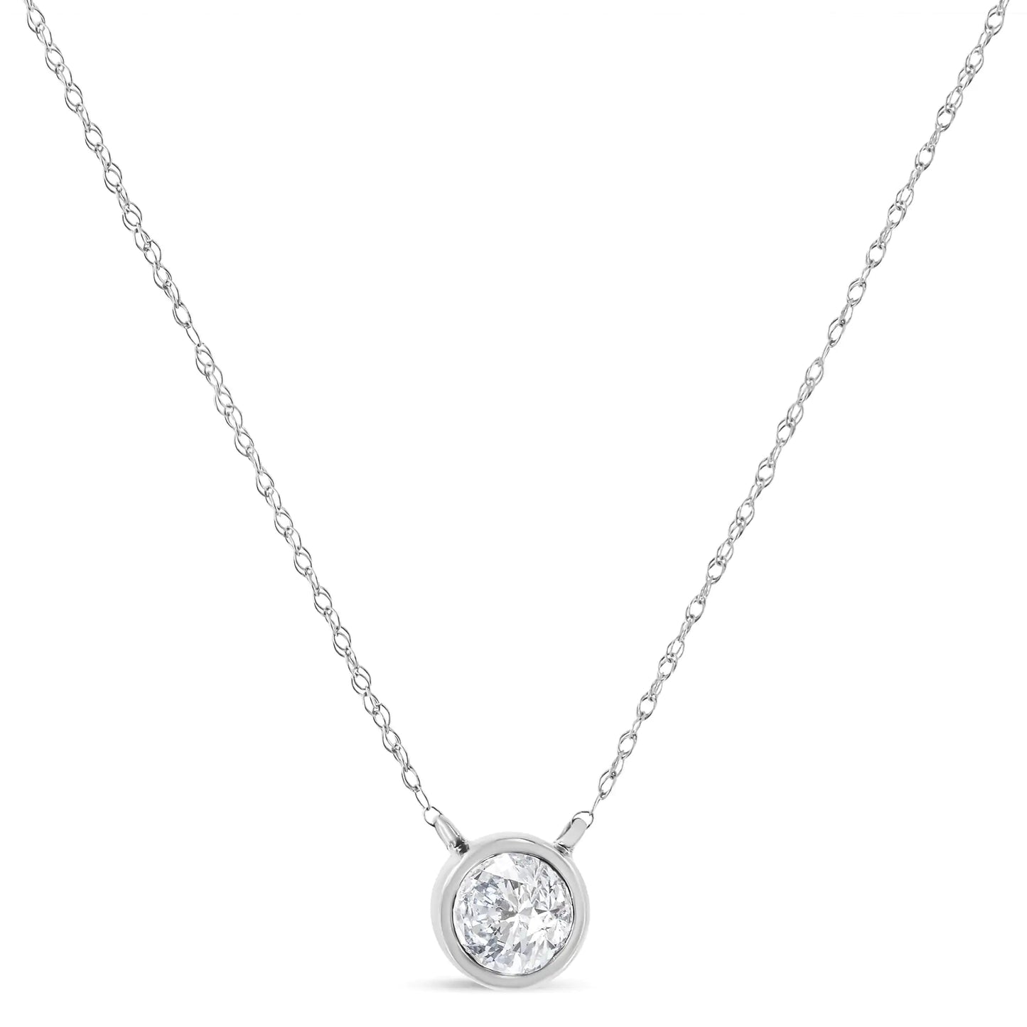 AGS Certified 10K Gold Bezel Set Round Diamond Solitaire 16-18" Adjustable Pendant Necklace (H-I Color, SI1-SI2 Clarity)