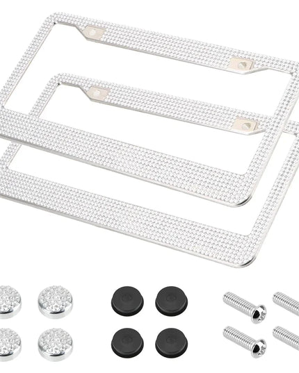 2PCS Bling License Plate Frame Glitter Crystal Sparkling Rhinestone Diamond Caps