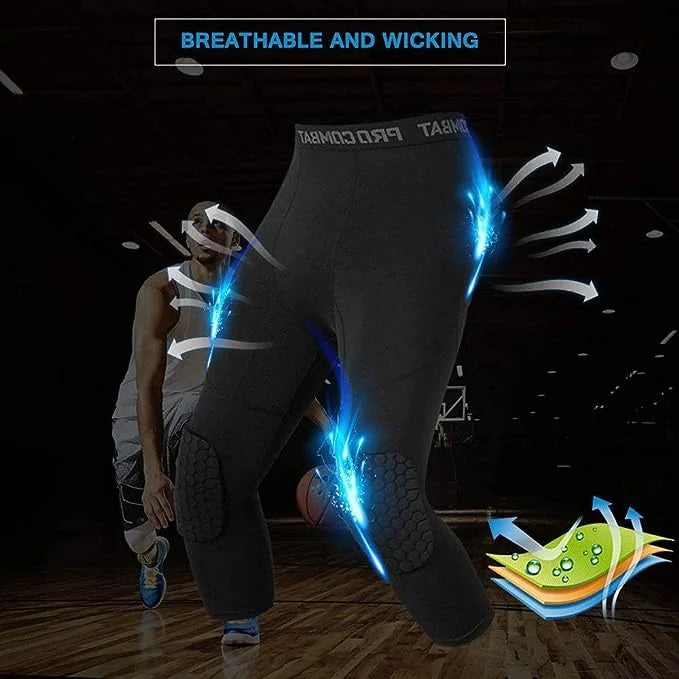 Men's Basketball Sports Tight Pants 3/4 Compression Workout Leggings Knee Pads