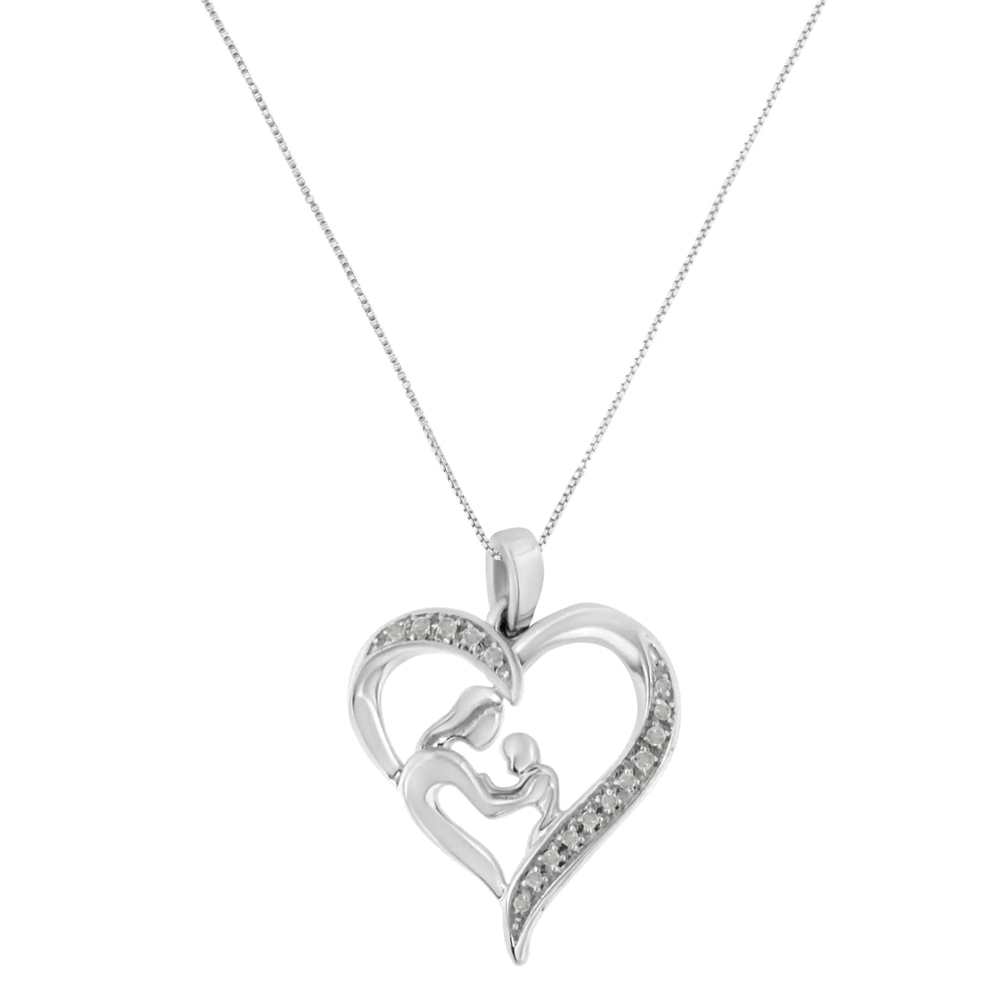 .925 Sterling Silver 1/10 cttw Diamond Heart and Mother 18" Pendant Necklace (I-J Color, I3 Clarity)