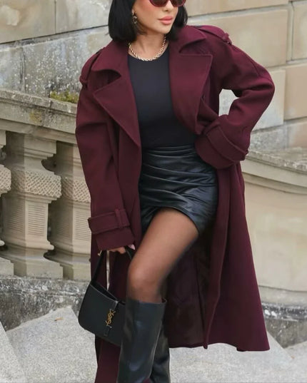 Elegant Bordeaux Lapel Mix Maxi Overcoat