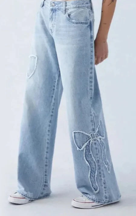 Women's Straight Trousers Embroidered Side Frayed Butterfly Jeans Street Design Hot Girl Baggy Pants