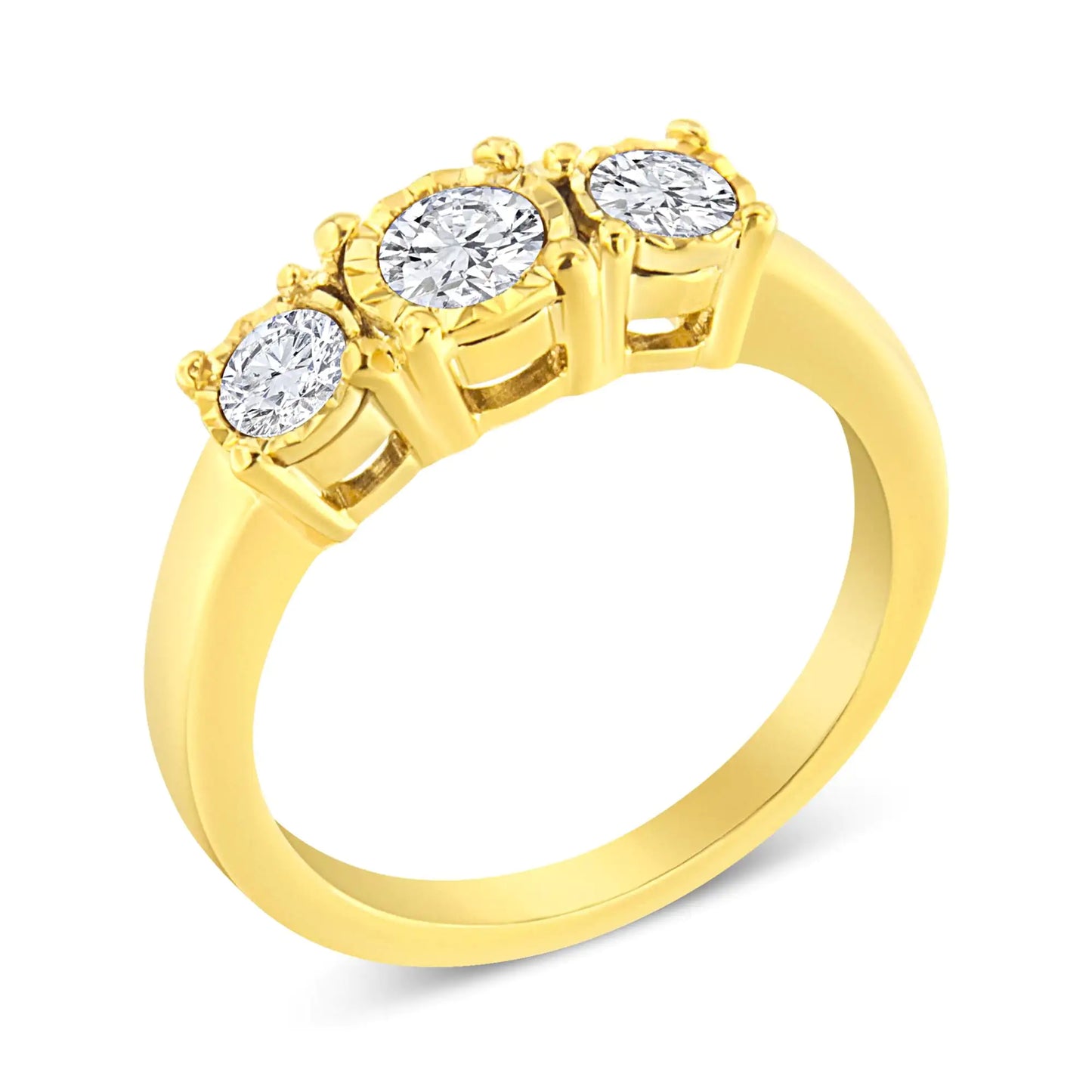 14K Yellow Gold Plated .925 Sterling Silver 3/4 Cttw Diamond Three Stone Illusion Plate Ring (J-K color, I1-I2 clarity)