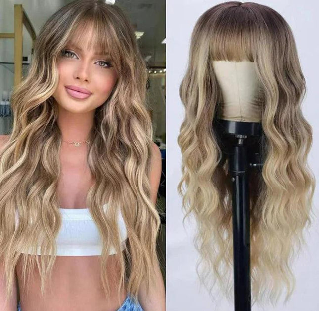 26 Inch Long Ash Blonde Wig With Bangs Natural Wavy Hair