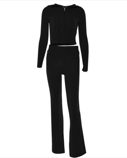 Cross-Border Knitted Hooded Suit - Fashionable High-Waist Two-Piece Set with Long Sleeves and Trousers