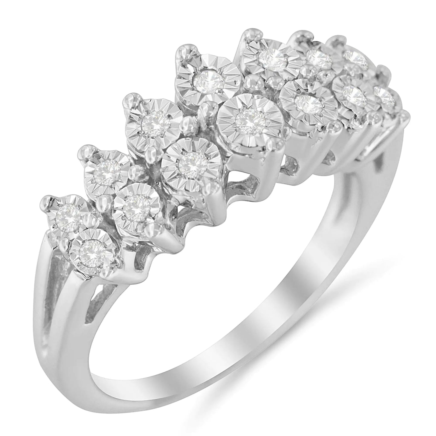 .925 Sterling Silver ¼ Cttw Miracle-Set Diamond Three Row Stair Stepped Fluted Modern Band Ring (I-J Color, I2-I3 Clarity)