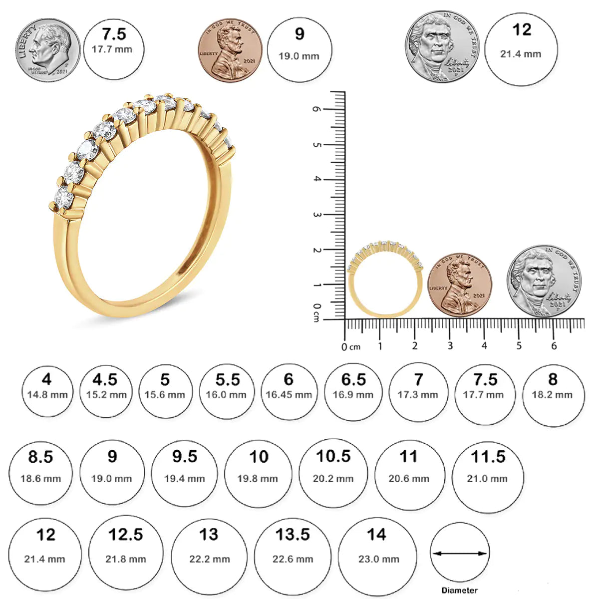 14K Yellow Gold Plated .925 Sterling Silver 1/2 cttw Shared Prong Set Brilliant Round-Cut Diamond 11 Stone Band Ring (I-J Color, I1-I2 Clarity)