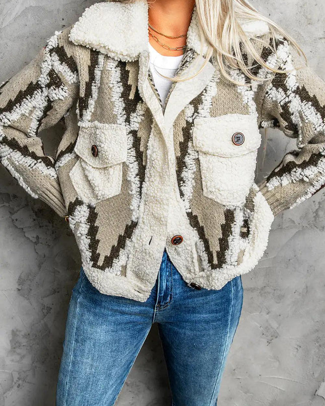 Multicolored Spliced Sherpa Collared Neck Cardigan